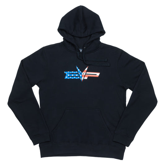 Black EVP hoodie with American flag on front and back