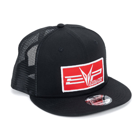 EVP black mesh snapback hat with various logo patch options