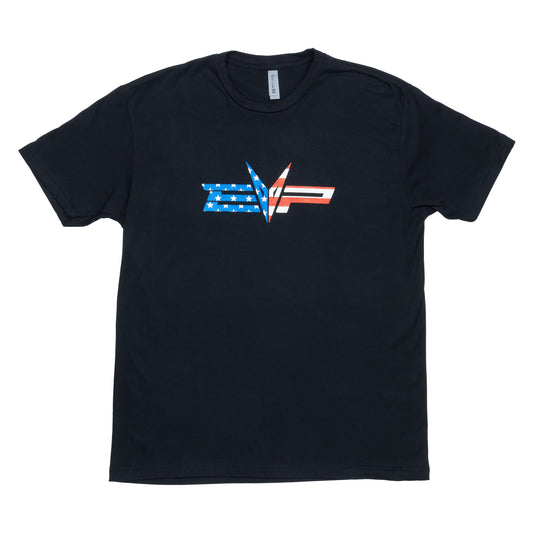 EVP American Spirit T-Shirt, black with American flag on front and back