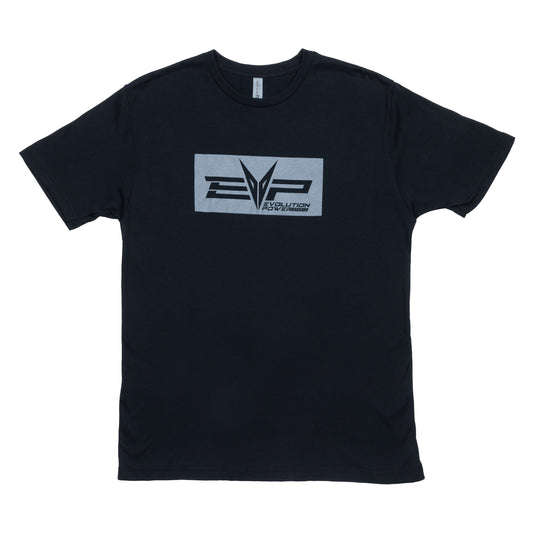 Black t-shirt with centered EVP reverse logo on front