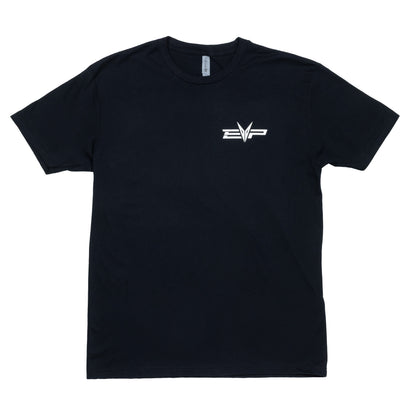 Black T-shirt with EVP logo on front left chest and large Badass logo on back
