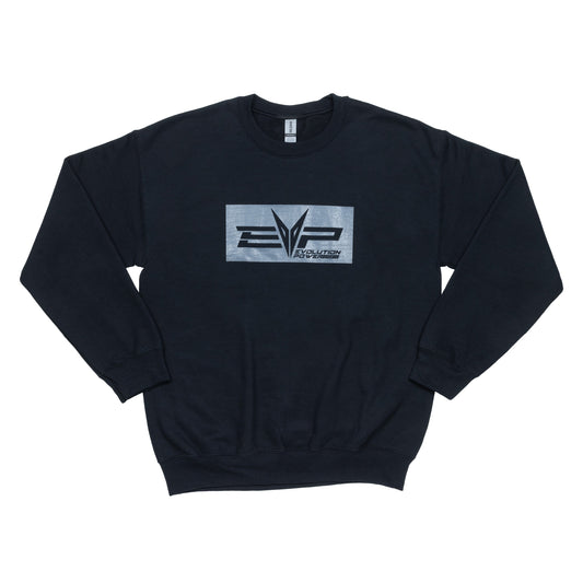 Reverse EVP logo on black crewneck