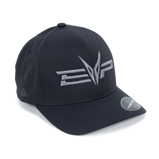 EVP Stealth Black Hydro Peek fitted baseball hat with center-stitched EVP logo, available S/M and L/XL