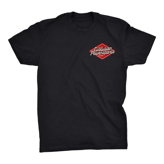 Black Heritage Speed Shop T-shirt with Evolution Powersports logo on front and back