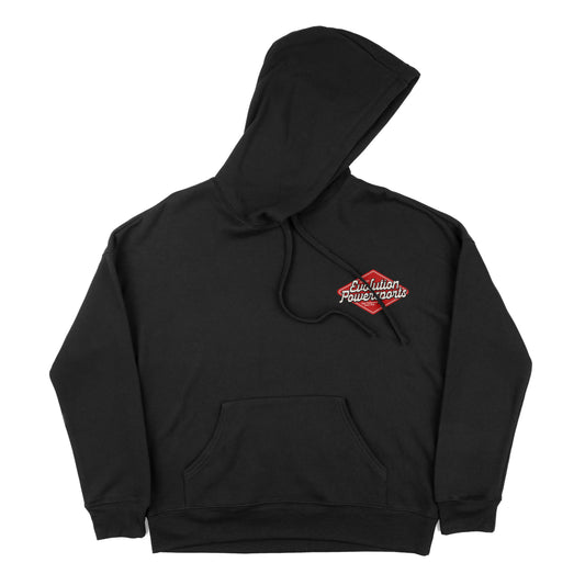 EVP Heritage Speed Shop hoodie — black with retro logo on front and back