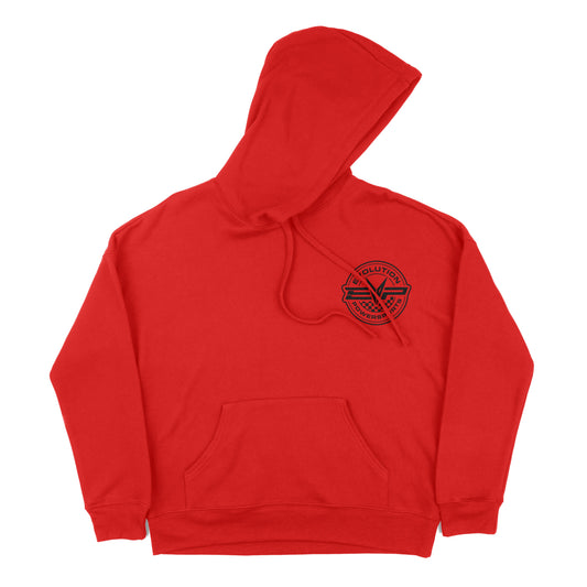 EVP Checkered Race hoodie — black or EVP red, logo on front and back