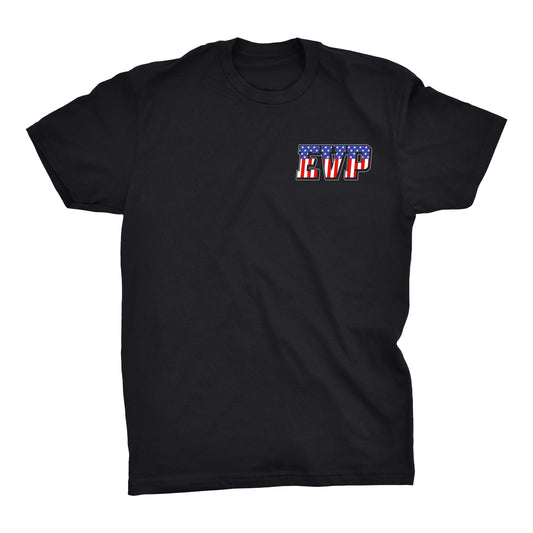 EVP Patriot T-Shirt - American flag style with EVP logos front and back (Black or Gray)