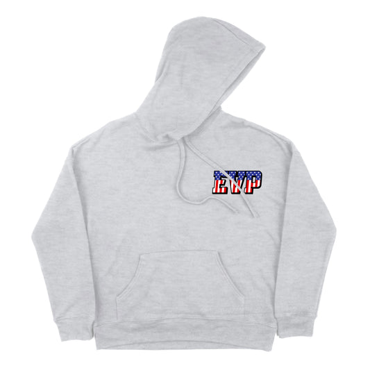 Gray EVP hoodie with American Flag styling and front and back logos