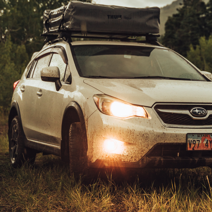 subaru led fog light kit in amber mounted on a subaru crosstrek